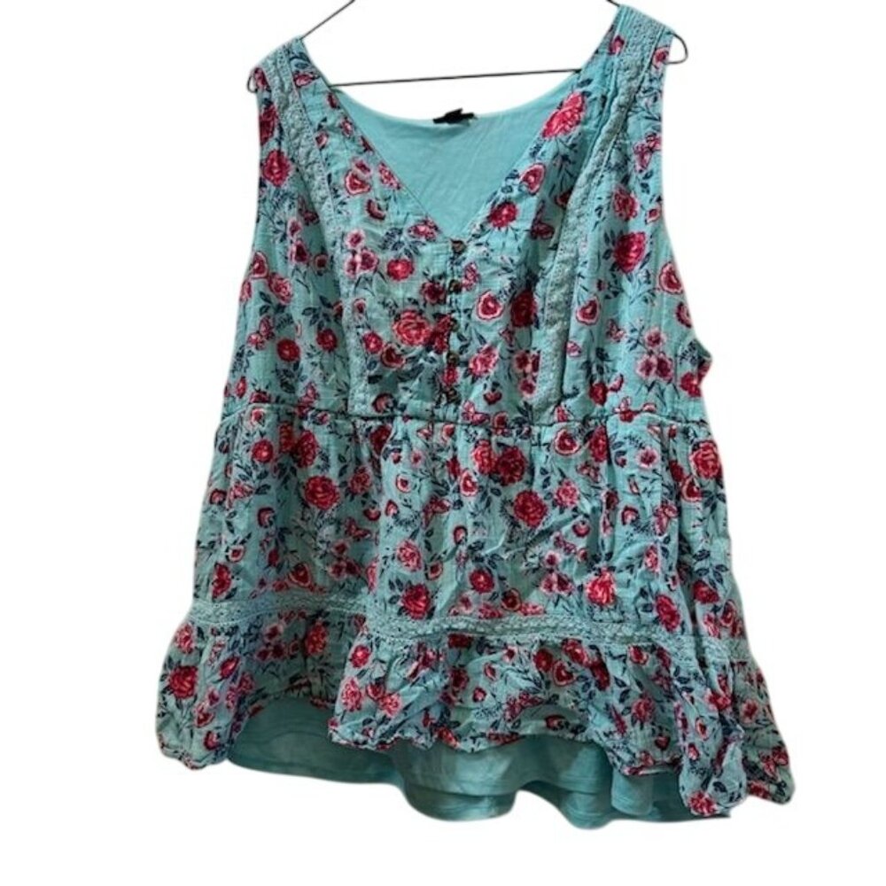Torrid Floral Sleeveless V-Neck Tunic Top With Lace Detail & Button Front